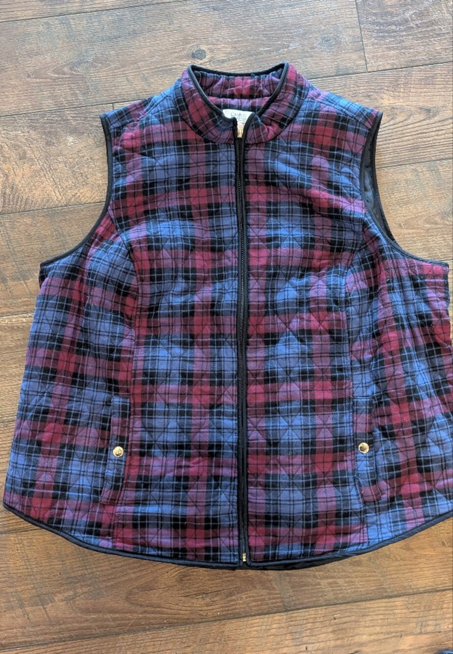 Quilted Plaid Zip Front Vest in Blue & Burgundy